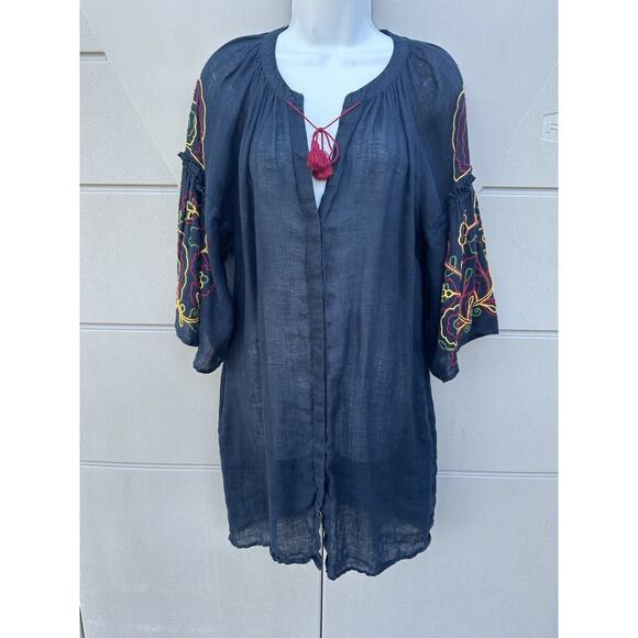 Eleven By March 11 Navy 100% Linen Embroidered Floral Tassel Mini Dress Size M - Picture 1 of 12